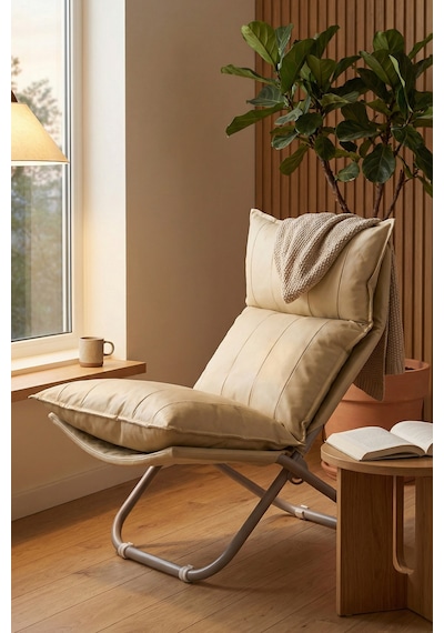 Lumis Garden Prestij Katlanabilir Deri Lounge Koltuğu Çıkarılabilir Kılıf, Modern Metal İskelet Bej