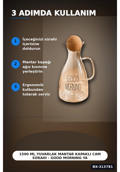 1500 Ml Yuvarlak Mantar Kapaklı Cam Sürahi - Good Morning Yazılı - Bulaşık Makinesi Uyumlu Bx-313781 Diğer
