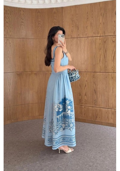 Asprinfashion Yan Büzgülü Kare Yaka Elbise Mavi