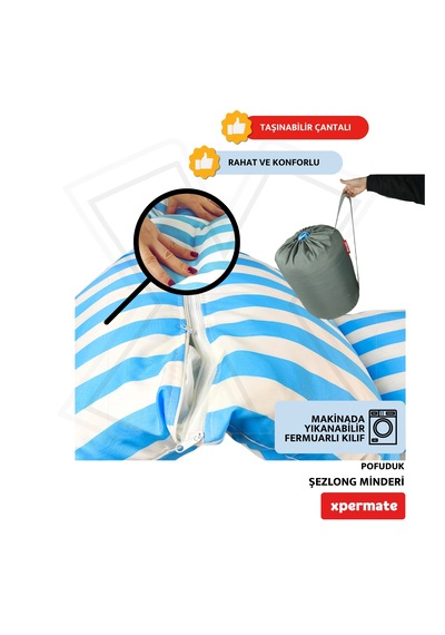 Xpermate Pofuduk Şezlong Minderi 60x180x12cm Su İtici, Maviçizgil