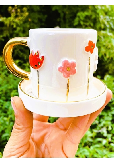 24 Ayar Altın 140 Ml El Yapımı Papatya Mug Daisy Flower Çiçek Lale Beyaz - Çok Renkli