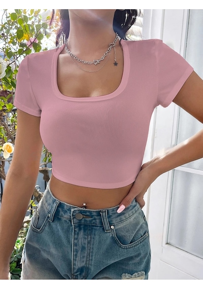 Rooted-kadın Kare & Havuz Yaka Crop T-shirt ,likralı Fitilli Kaşkorse Kumaş Pembe