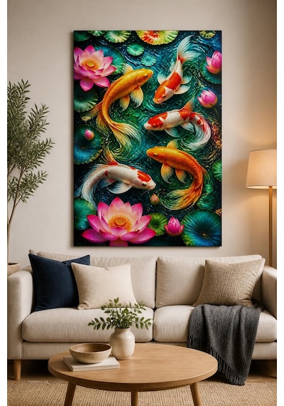 Koi Balığı Ve Lotus Baskılı Cam Tablo Renkli Uv Baskı Dekoratif Duvar Tablosu