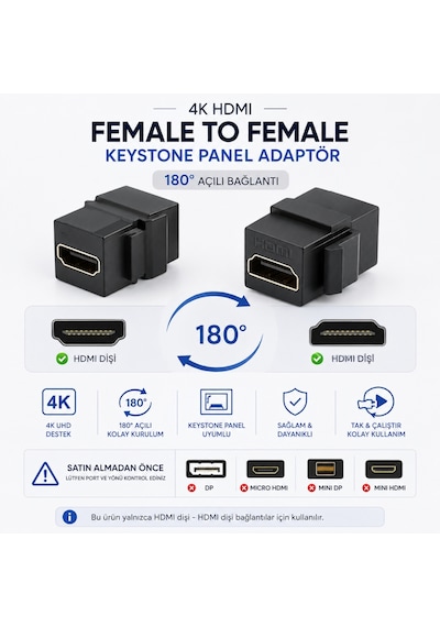 Alfais 6089 Hdmı 2.0 Dişi To Dişi Keystone Jack Adaptör Çevirici Uzatma Dönüştürücü Ara Bağlantı