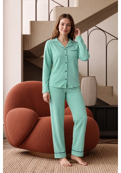 Nisanca Bayan Kışlık Welsoft Peluş İnci Düğmeli Pijama Takımı 'ipeksi Doku' İndigo