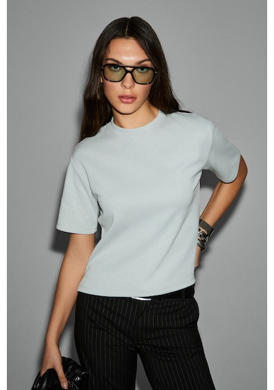 Grımelange Colena Kadın Organik Pamuklu Bisiklet Yaka Oversize Fit Kısa Kollu Gri T-shirt Gri