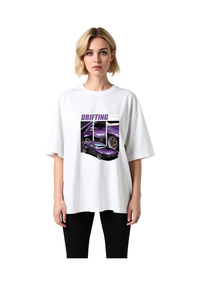 Paybuy Kadın Oversize Baskılı Tişört Drift Otomotiv Temalı Retro Araç Gr Beyaz