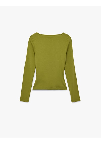 Koton Pamuklu Slim Fit Kayık Yaka Drapeli Uzun Kollu Tişört Yeşil 6wal10195ık Yeşil