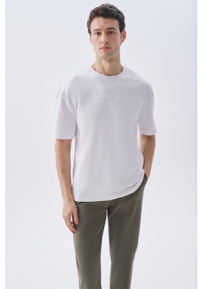Mudo Erkek Erkek Beyaz Oversize Bisiklet Yaka T-shirt 1267697