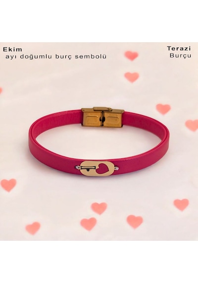 Ekim Ayı Doğumlarına Doğal Pembe Derili 14 Ayar Altın Plakalı Kalp Motifli Hediye Bileklik-377ay Ekim