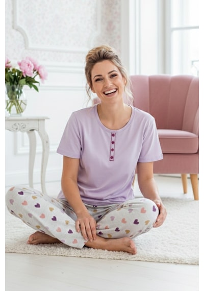 Siyah İnci Lila Desenli Pamuklu Bisiklet Yaka Örme Pijama Takım 26117097