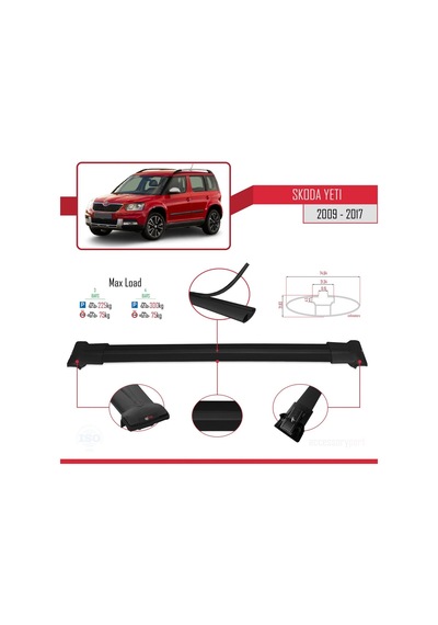 Skoda Yeti 2009-2017 Arası İle Uyumlu Fly Model Ara Atkı Tavan Barı Siyah 3 Adet Bar