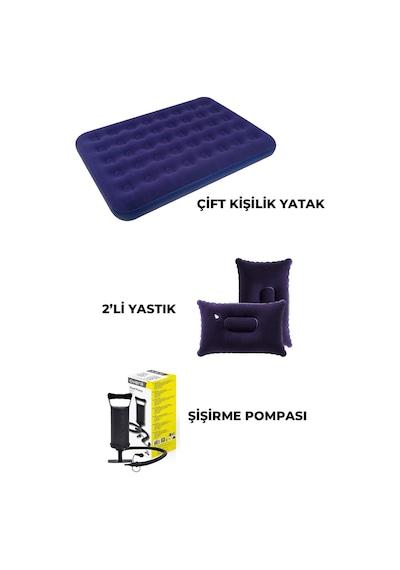 Çift Kişilik Kamp Şişme Yatak Yastık Şişirme Pompa Seti Lacivert