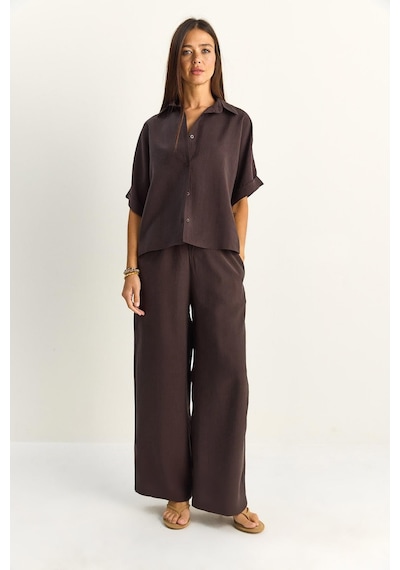 Shade Kadın Oversize Kısa Kol Gömlek Beli Lastikli Geniş Paça Pantolon Takım 7651 60286138 - Acı Kahve Çok Renkli