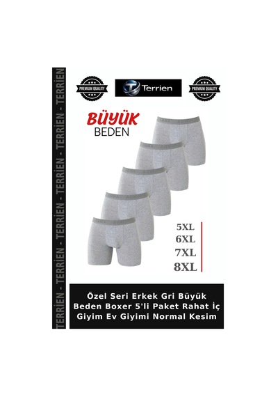 Terrien Özel Seri Erkek Gri Büyük Beden Boxer 5'li Paket Rahat İç Giyim Ev Giyimi Normal Kesim Terrien Özel Seri Erkek Gri Büyük Beden Boxer 5'li Paket Rahat İç Giyim Ev Giyimi Normal Kesim