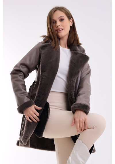 Winmoda34 Kadın İçi Kürklü Deri Kaban Ceket Külgri