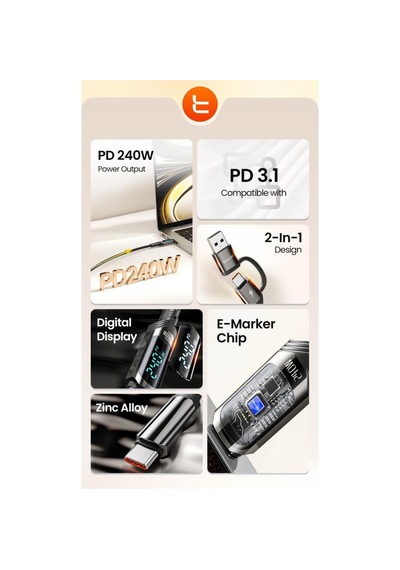Toocki 240w 2'si 1 Arada Usb-a / Usb-c To Usb-c Hızlı Şarj Ve Veri Aktarım Kablosu 1 Metre