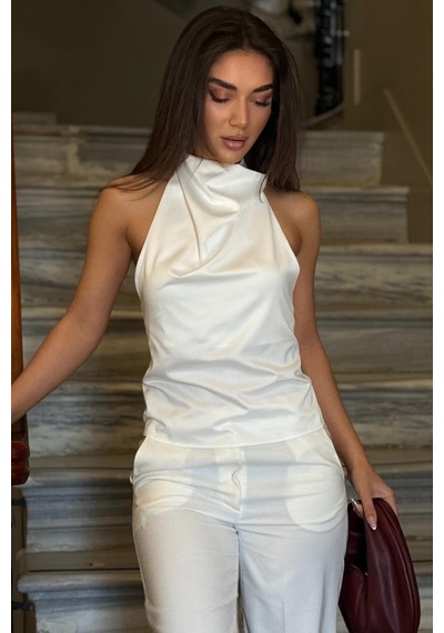 Madmext Beyaz Halter Yaka Saten Bluz Mg2685