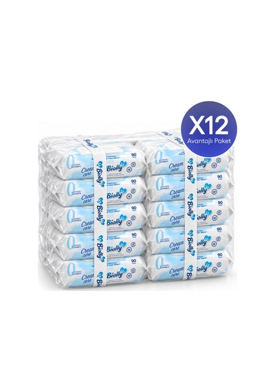 Biolly Cream Care Kremli Islak Mendil 90 Yaprak 12'li Paket 12'li Set