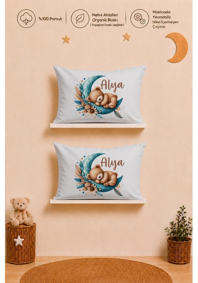 İsme Özel Kız Bebek Hediyesi 2 Adet 35x45 %100 Pamuk Yastık Kılıfı Ve Ham Bez Bebek Kıyafet Kesesi 1012y2k3x