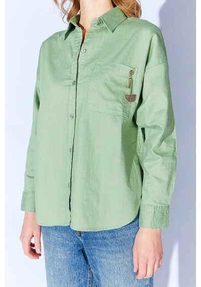 Manche Çağla Broş Detaylı Oversize Tek Cepli Gabardin Gömlek Mkw168174-01