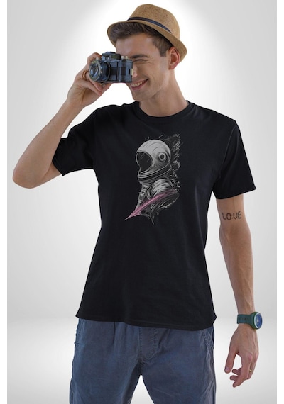 Astronot Kafası Unisex Unisex Siyah Organik Baskılı T-shirt Penye Yüksek Kalite Siyah
