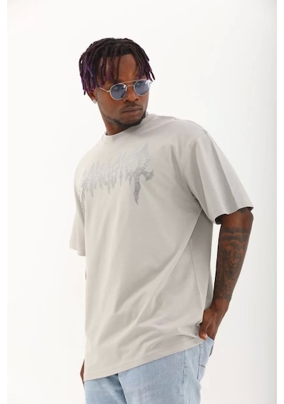 Unisex Oversize Taşlı Bisiklet Yaka T-shirt - Gri Gri