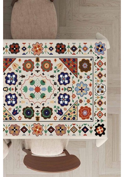 Krem Etnik Desenli Dokuma Leke Tutmaz Masa Örtüsü Mso357n11