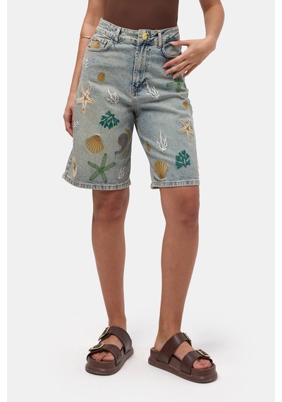 it's basic Kadın Kot Rengi 4s6-65 Nakışlı Özel Tasarım Bermuda Denim Şort Çok Renkli