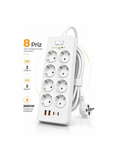 8 Prizli Çoklu Priz 3680w 2 Usb-a + 2 Type-c Akım Korumalı Güç Dağıtıcı 0 - 2 M