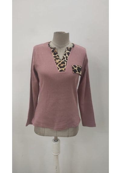 Butik İstanbul Kadın Uzun Kollu V Yakalı Kaşkorse Bluz Pembe
