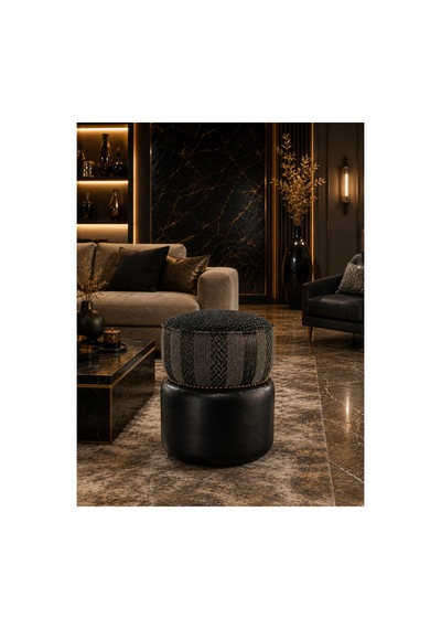 Özel Yuvarlak Hakiki Deri Puf Şıklığıyla Ortamın Havasını Değiştirir Siyah Çizgili - 878146392 Siyah Çizgili