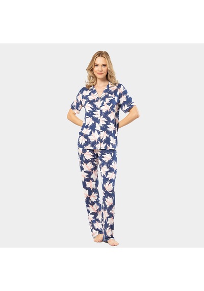 Türen Yaprak Desenli Kısa Kollu Gömlek Yaka Pijama Takımı 3355/lacivert 001