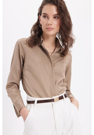 Tudors Kadın Slim Fit Dar Kesim Vucüda Oturan Uzun Kollu Gizli Düğme Detaylı Koyu Vizon Basic Gömlek-41568 Koyu Vizon