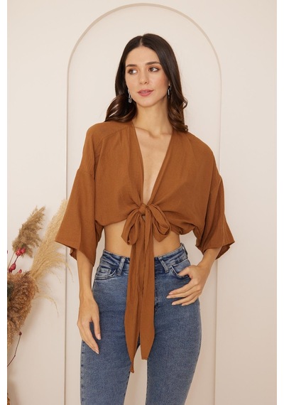Darlin Moda Kahverengi Önden Bağlamalı Crop Kimono Dm7004 Kahverengi