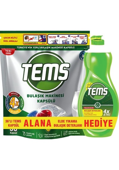 Tems Bulaşık Makinesi Kapsülü 36'lı+elde Yıkama Bulaşık Deterjanı 500 Ml Hediyeli