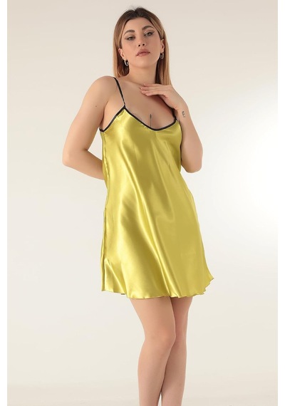 İnce Askılı Mini Saten Gecelik-336,fıstık Yesılı S/m Açık Bej - Beyaz