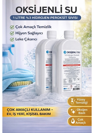 Oksijenli Su 1 Litre 2 Adet Set %3 Hidrojen Peroksit Solüsyonu Çok Amaçlı Temizlik Ve Hijyen Sıvısı