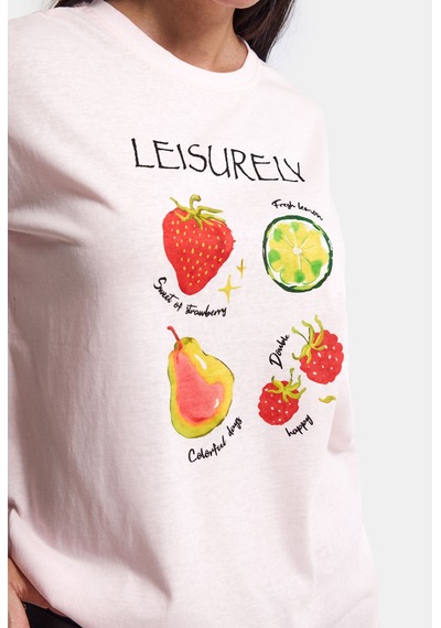 Kadın Pembe Meyve Baskılı Bol Kesim Tasarım T-shirt