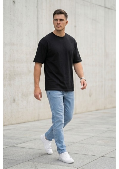 Erkek Siyah Oversize Tişört Bisiklet Yaka Basic Rahat Kalıp Günlük T-shirt
