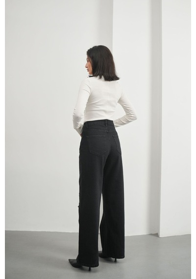 HLT Jeans Kadın Siyah Yırtıklı Wide Leg Yüksek Bel %100 Pamuk Jean Kot Pantolon Jessica-2038