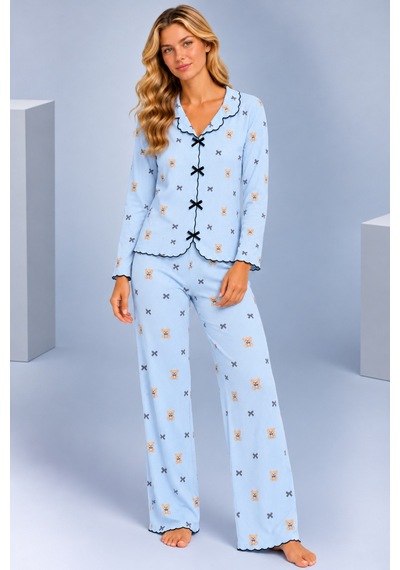 Pijamask Kadın Desenli Fiyonk Detaylı Düğmeli Uzun Kollu Müslin Pijama Takımı Mavi-21
