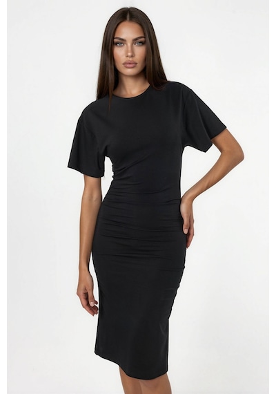 Hiccup Busem Drape Detaylı Dikey Yaka Mini T-shirt Elbisesi Siyah