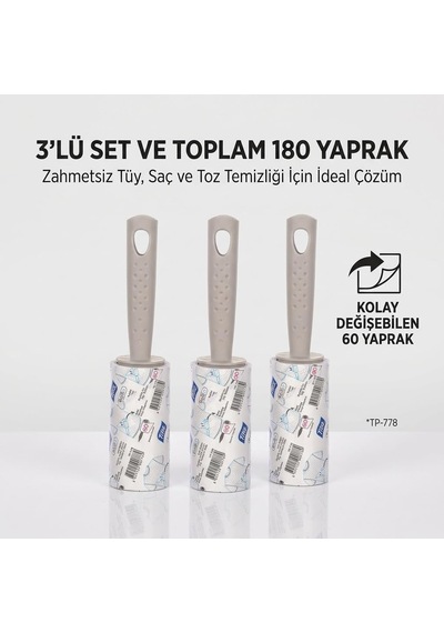 3'lü Set Tüy Toplayıcı Rulo Toplam 180 Yaprak 3x60 Kıyafet, Koltuk, Evcil Hayvan Kedi/köpek Tüyü Ve Saç Temizleme Rulosu