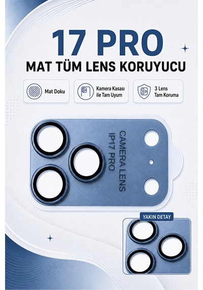 Guztech İphone 17 Pro Uyumlu Tüm Mat Safir Kamera Lens Koruyucu Çizilmez Tam Koruma Abis Mavi