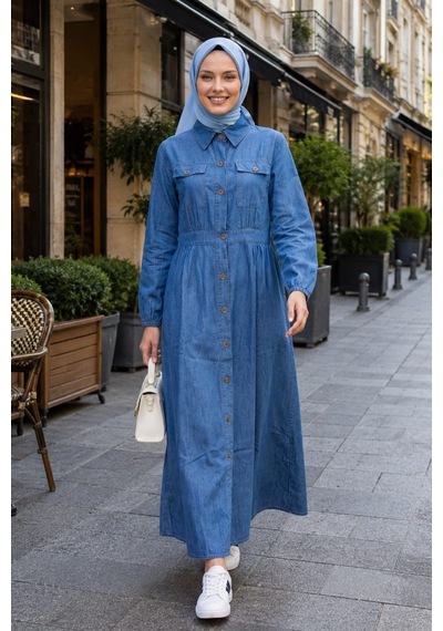 Hb Harma Time Butik Kadın Düğmeli Koyu Mavi Kot Tesettür Elbise