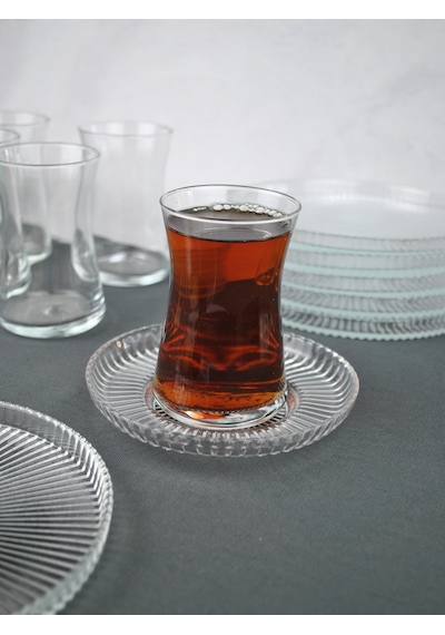 18 Parça Cam Çay Seti Takımı - Pasta Tabağı - Çay Bardağı Ve Çay