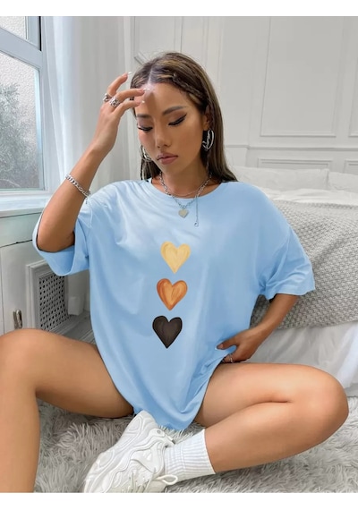 Uyguntarz Unisex Üç Kalpli Tasarım Basklı Tshirt Bebe Mavisi