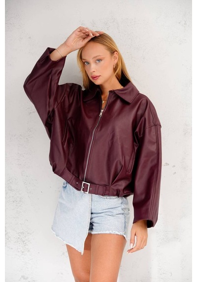 Jesse Story Kadın Deri Ceket Relax Fit Suni Deri Ceket Bordo Bordo