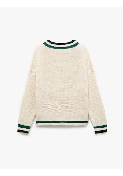Koton Uzun Kollu V Yaka Çizgili Triko Oversize Kazak Ekru 5sak90043ht Ekru